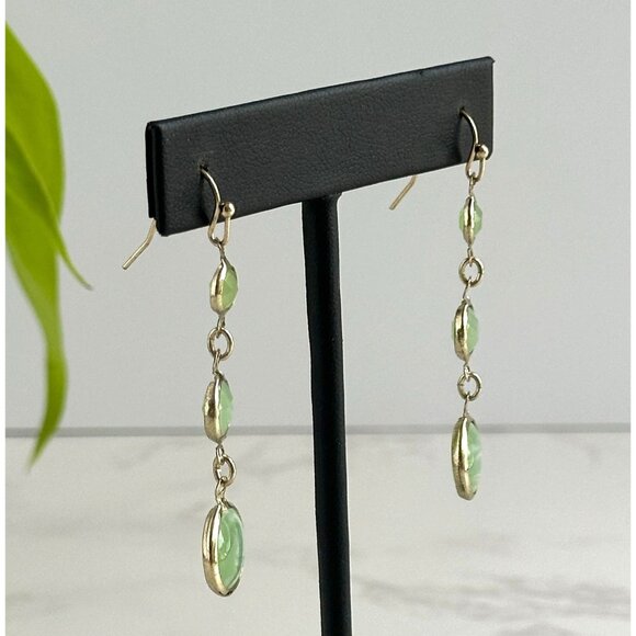 Pale Green Glass Gold Tone Dangle Earrings With Hook Backing - Picture 4 of 8